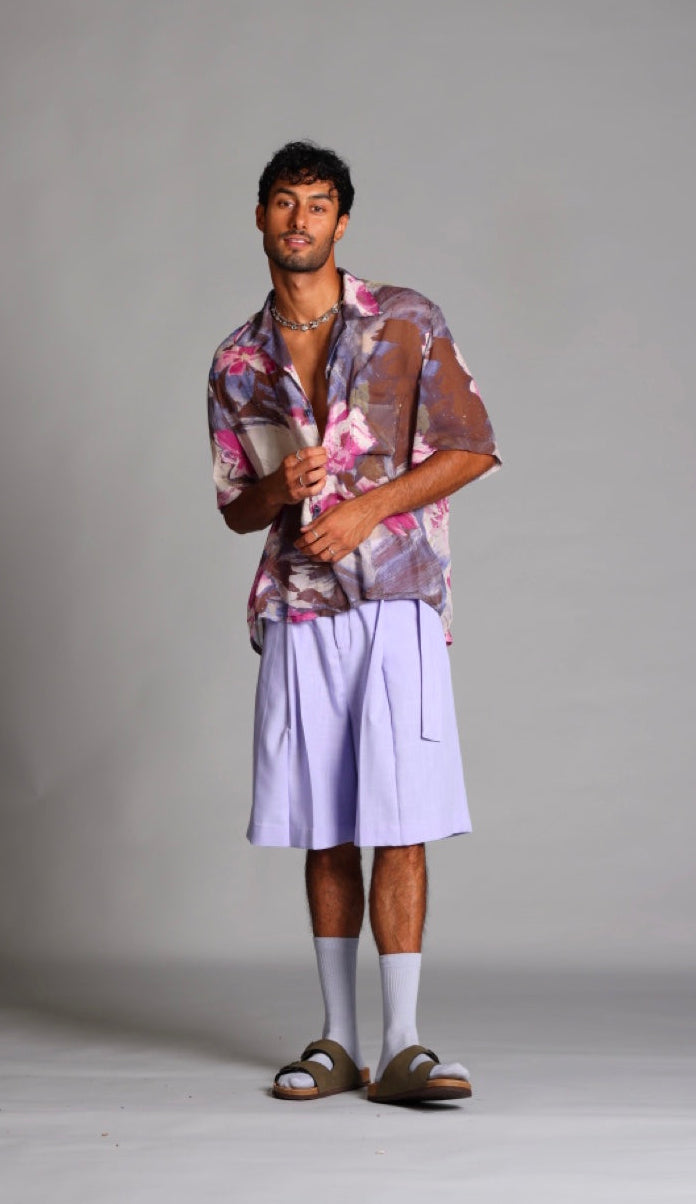 Pleated Cotton Linen Shorts