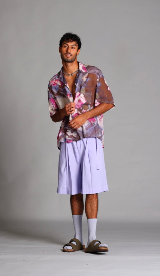 Pleated Cotton Linen Shorts