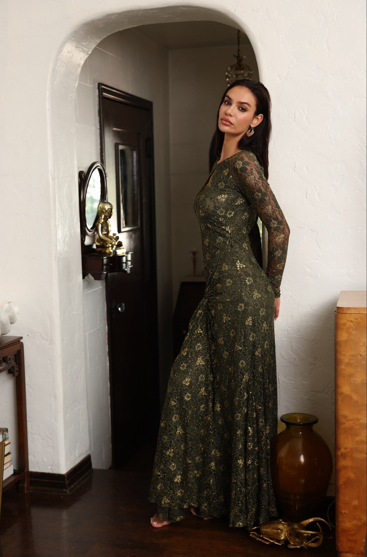 georgia browns dc dress code Brown Delicate Garden Long Sleeve Maxi Dress – FARM Rio main image 1